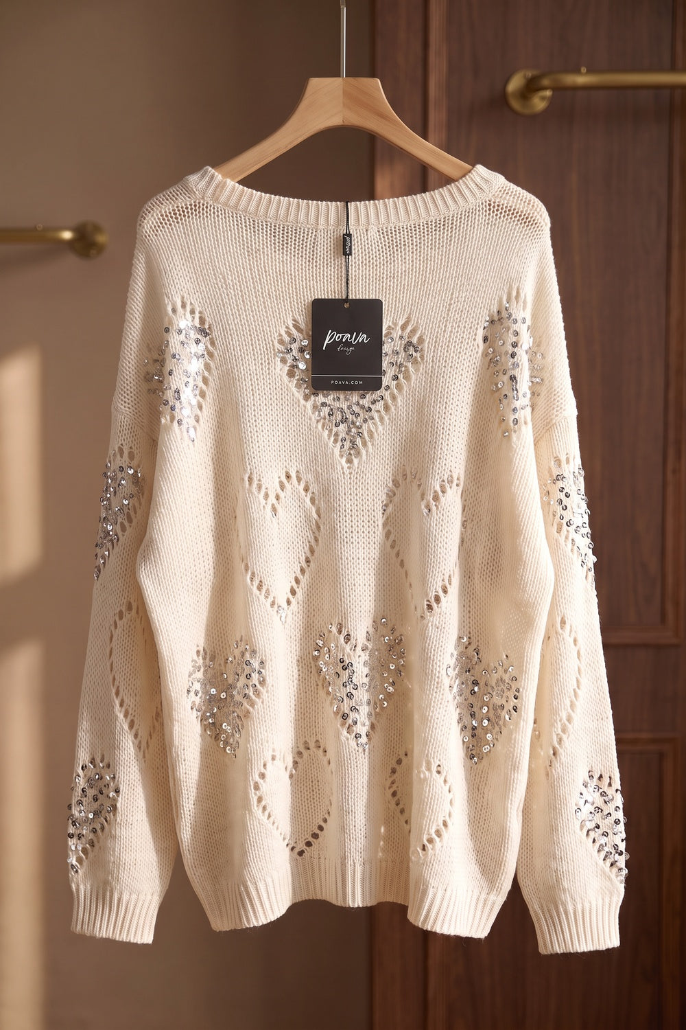 Cream Open-Work Knit Oversized Sweater with Silver Heart Embellishments cream, off-white open-work knit yarn sweater - product view 4