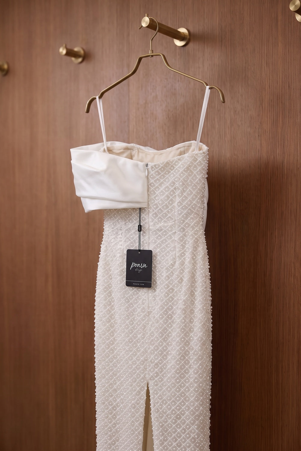 White Beaded Mesh Column Dress with Asymmetrical Satin Bow white beaded mesh dress - product view 4