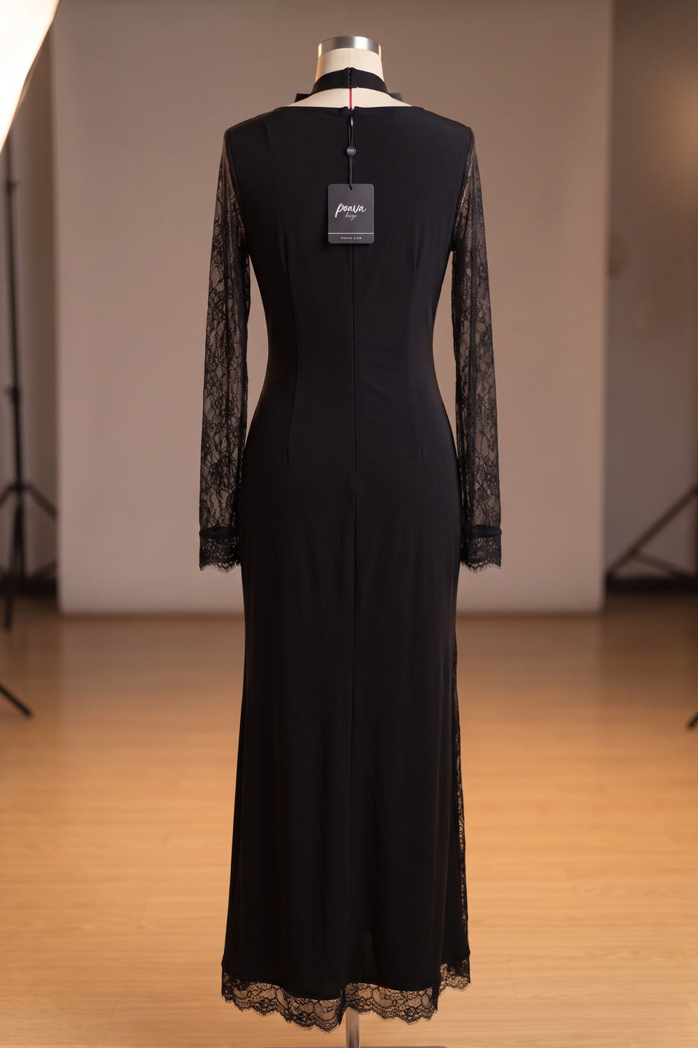Asymmetrical Wrap Maxi Dress in Black Opaque Crepe with Floral Lace Panels black opaque black crepe dress - product view 4