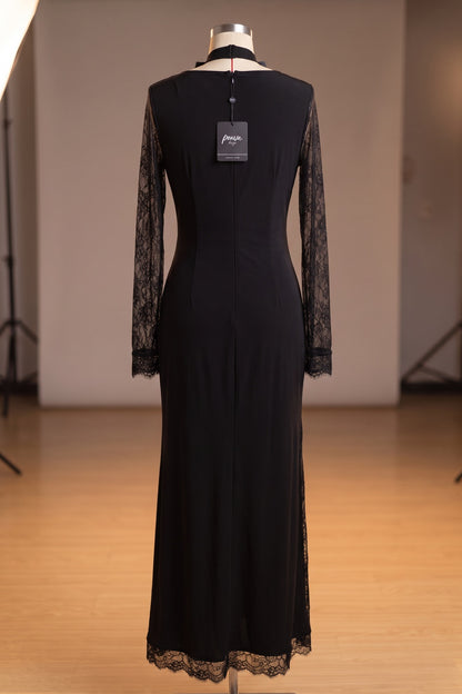 Asymmetrical Wrap Maxi Dress in Black Opaque Crepe with Floral Lace Panels black opaque black crepe dress - product view 4