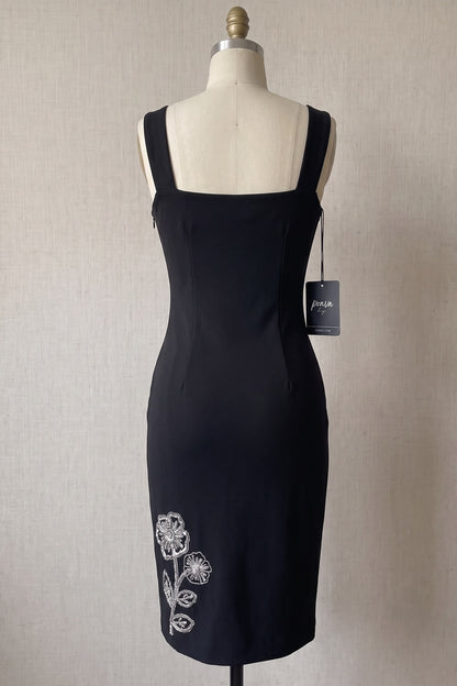 Black Heavy Stretch Knit Sheath Dress with Silver Floral Embellishments black heavy stretch knit dress - product view 4