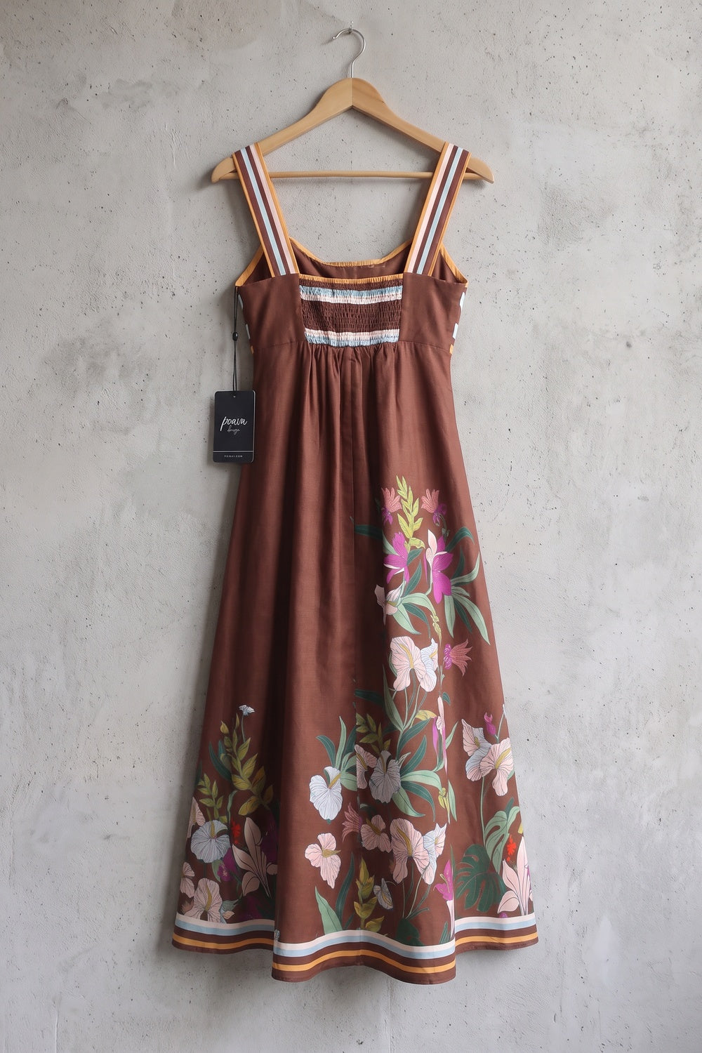 Chocolate Brown A-Line Midi Dress with Twisted Bodice and Floral Print chocolate brown structured woven cotton or linen blend dress - product view 4