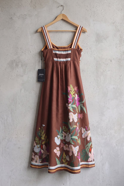 Chocolate Brown A-Line Midi Dress with Twisted Bodice and Floral Print chocolate brown structured woven cotton or linen blend dress - product view 4