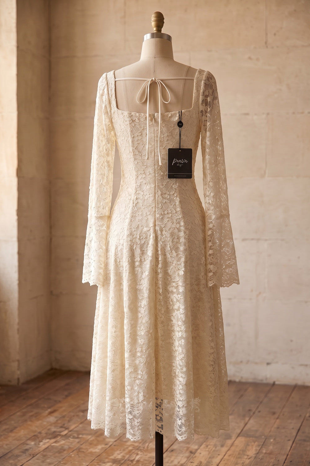 Cream Floral Lace A-Line Midi Dress cream floral lace dress - product view 4