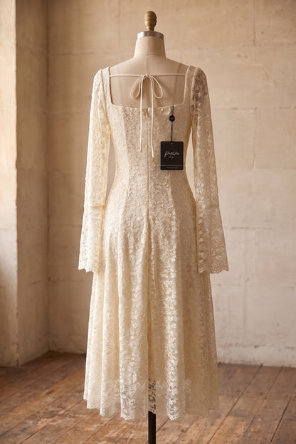 Cream Floral Lace A-Line Midi Dress cream floral lace dress - product view 4