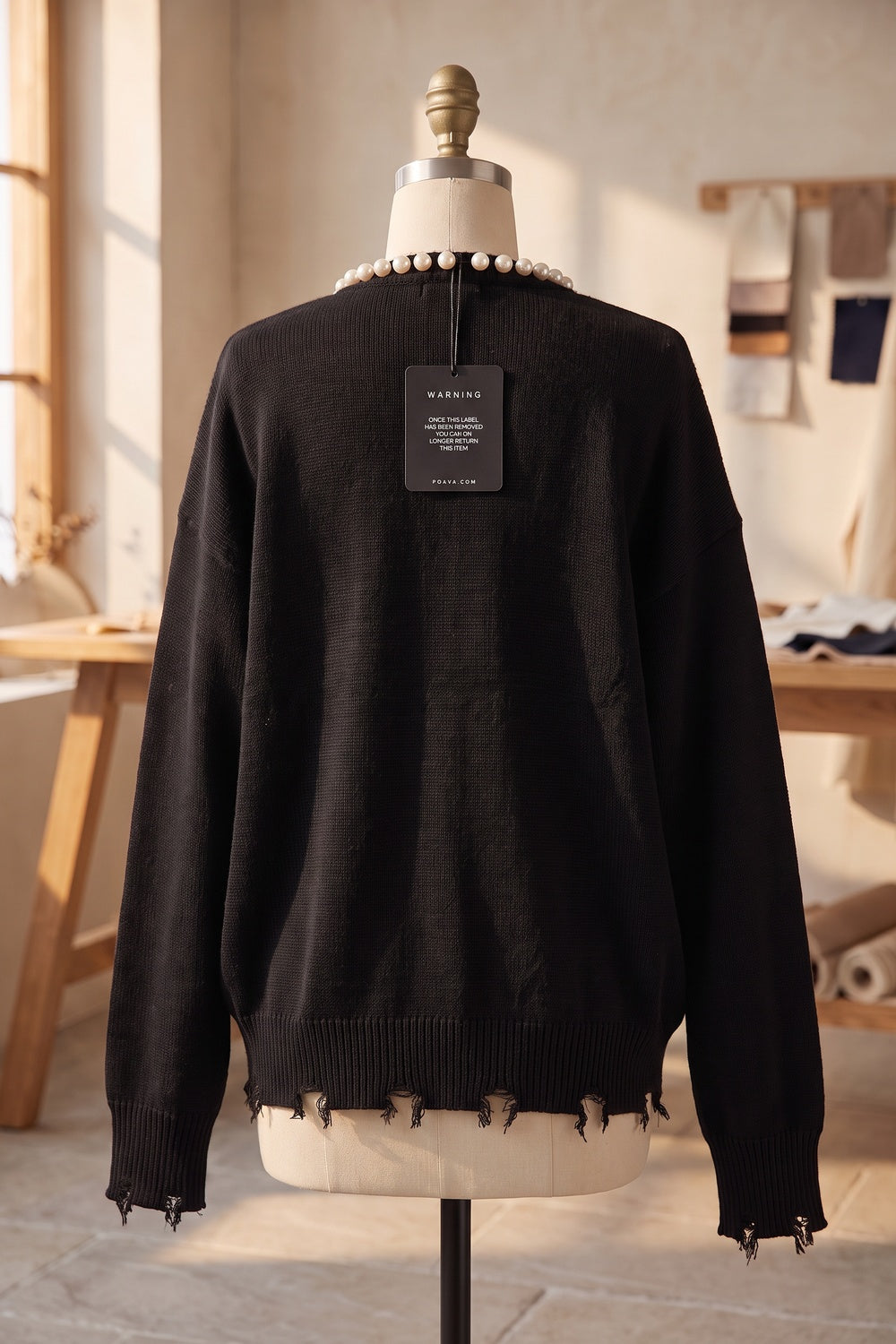 Black Knit Cardigan with Pearl Trim and Frayed Details black knit cardigan - product view 4