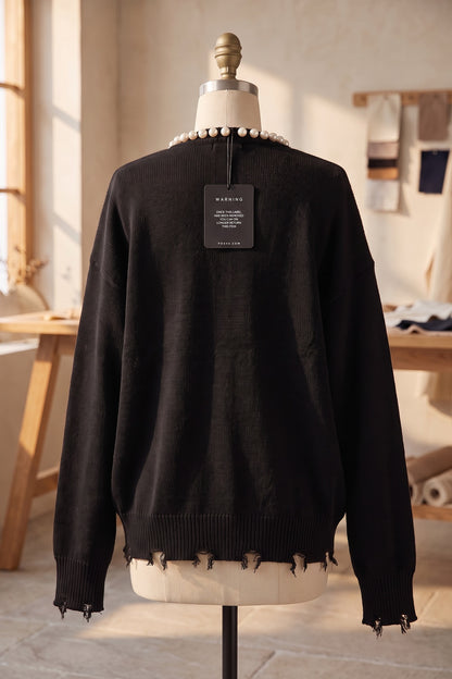 Black Knit Cardigan with Pearl Trim and Frayed Details black knit cardigan - product view 4