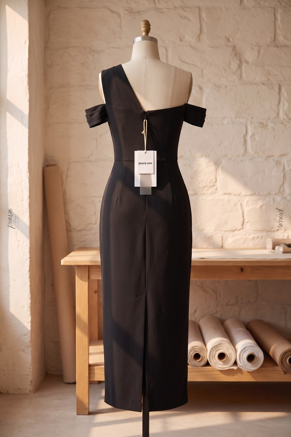 Asymmetrical One-Shoulder Black Crepe Sheath Dress black crepe dress - product view 4