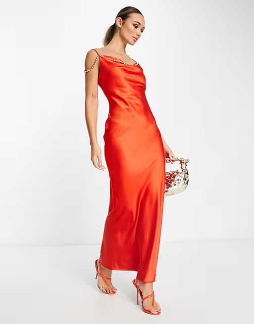 embellished satin cami maxi dress in burnt orange