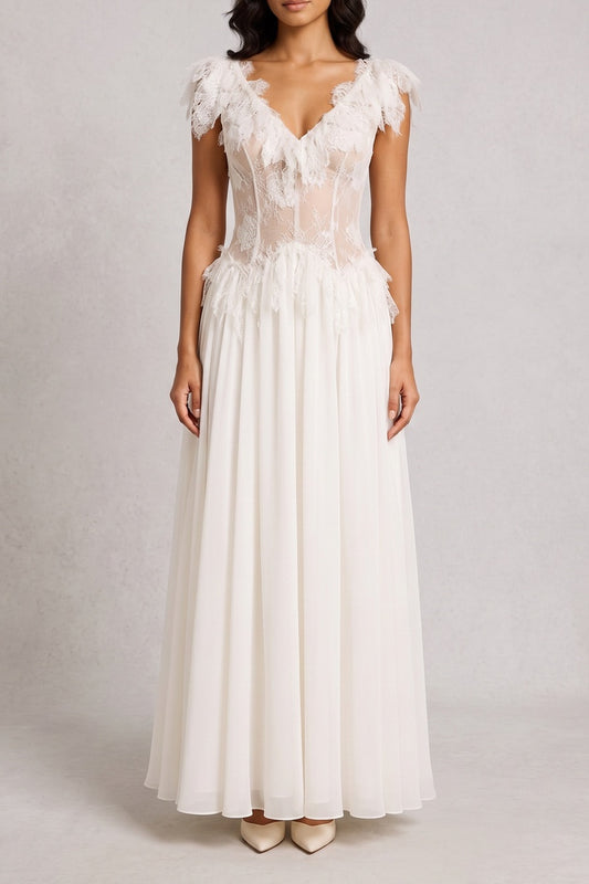 Off Shoulder 3D Floral Lace Corset Chiffon Maxi Dress
