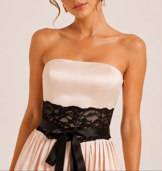 Strapless Satin Pleated Mini Dress