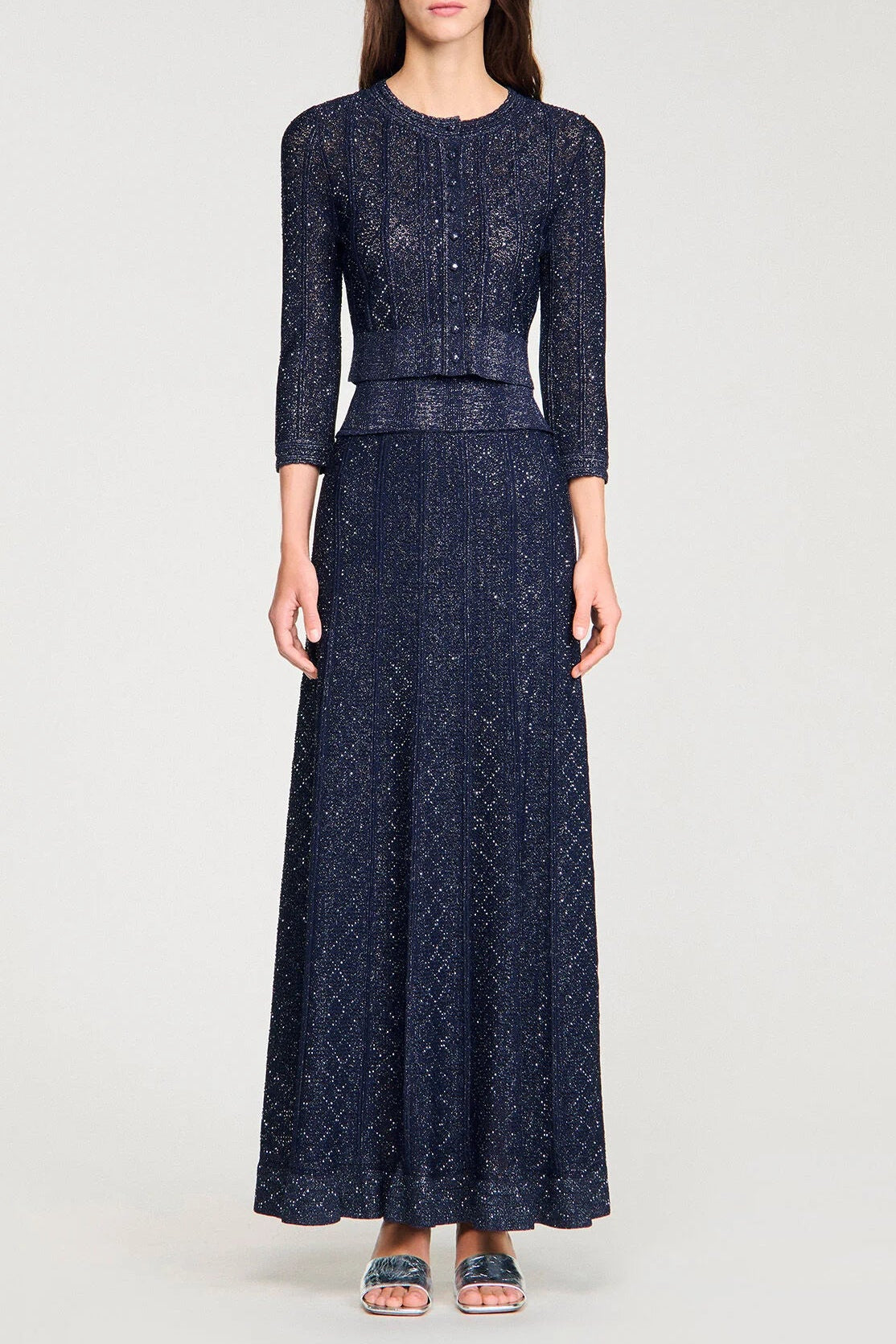 alexandra Strass knit cropped cardigan in navy blue