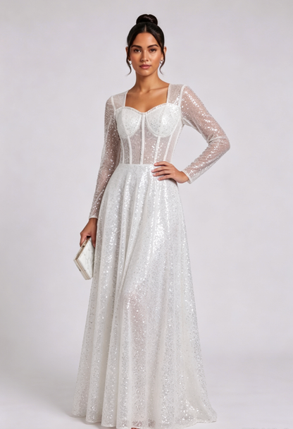 white sequined tulle A-line gown