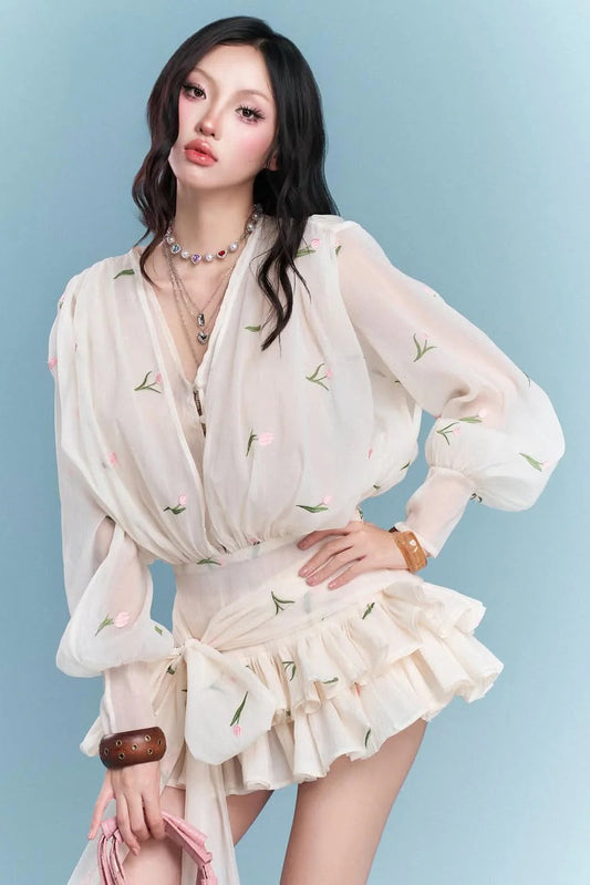amelia Embroidered floral V-neck ruffle mini dress in apricot