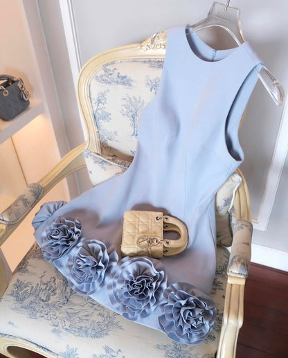 Azure 3D Flower Mini Dress In Blue