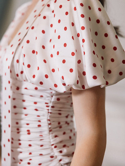 Red Polka Dot Bubble Sleeve midi Dress