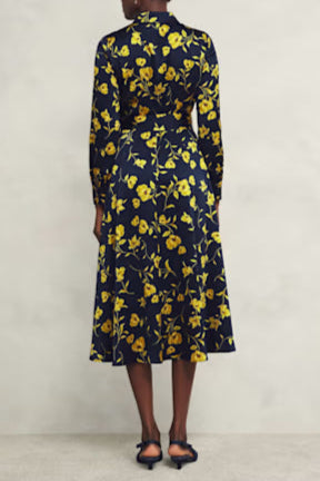 Navy Yellow Floral Long Sleeve Satin Shirt Midi Dress