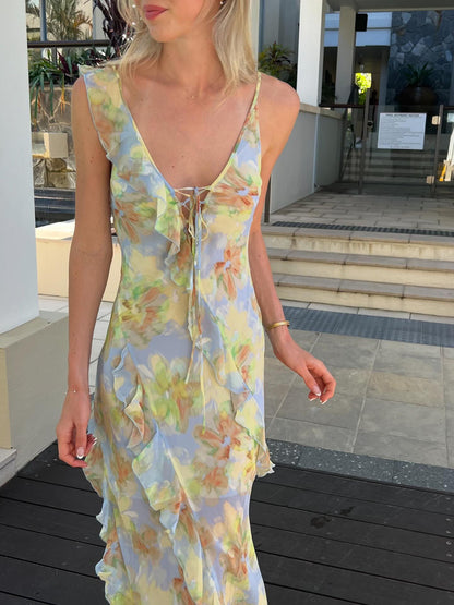 cecilia Chiffon ruffles maxi dress in blue