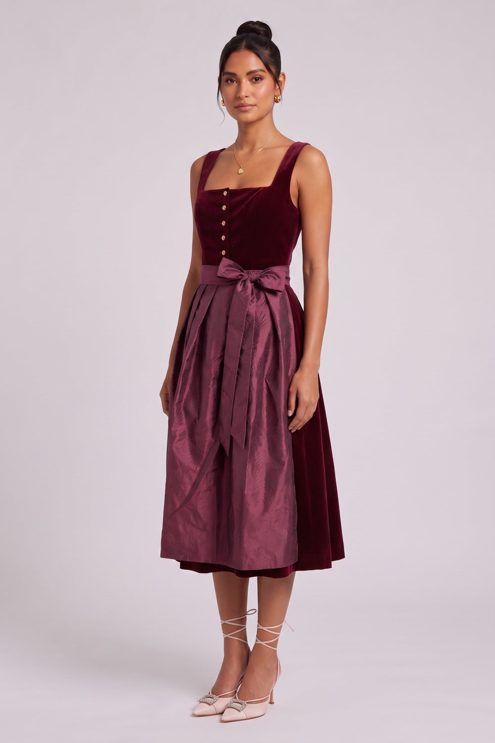 Burgundy Velvet A-line Dirndl dress with apron Burgundy Velvet Dirndl dress with apron - product view 2