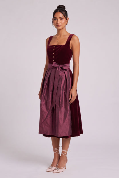 Burgundy Velvet A-line Dirndl dress with apron Burgundy Velvet Dirndl dress with apron - product view 2