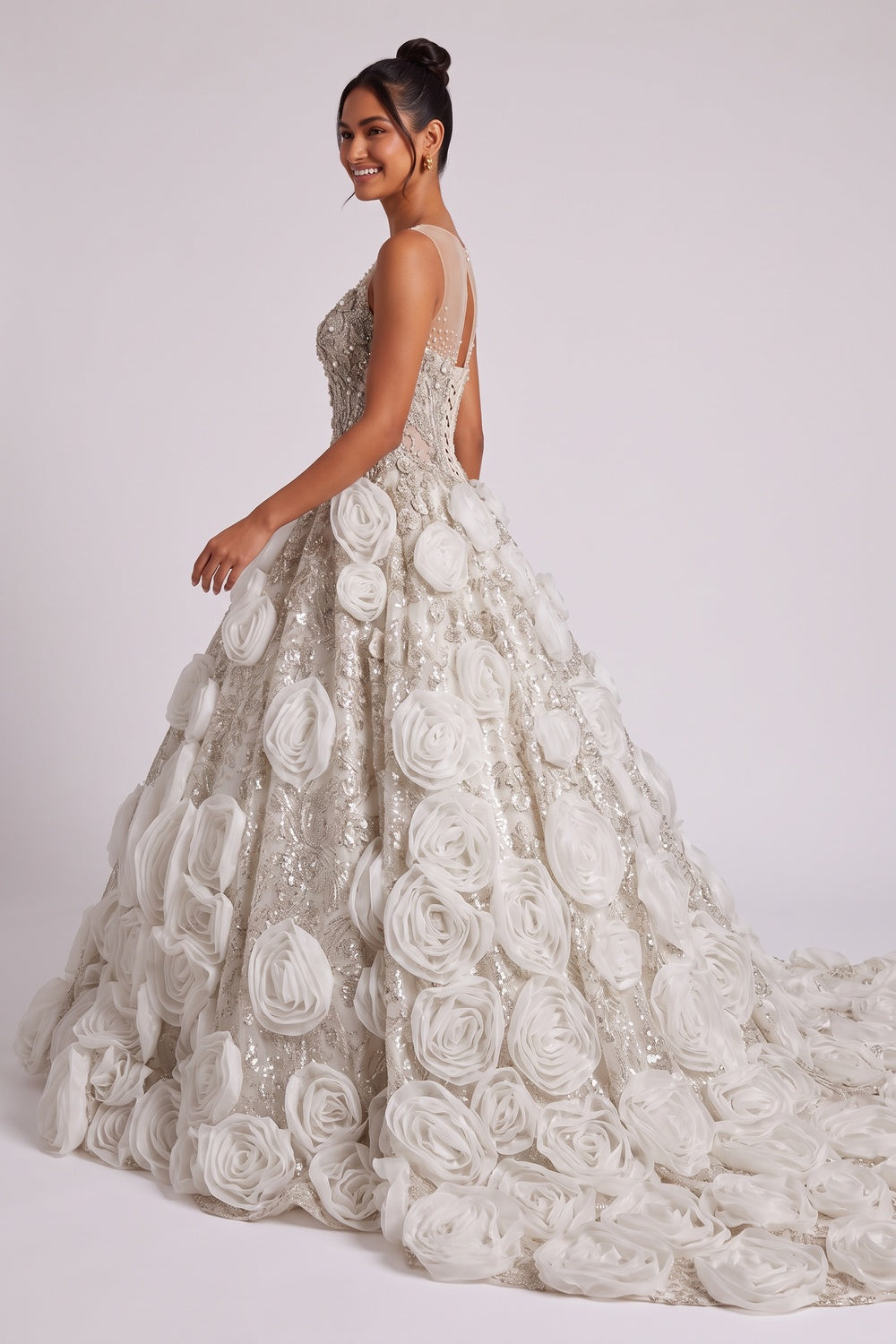 Champagne Organza Ballgown Gown with 3D Floral Rosettes champagne, ivory organza gown - product view 3