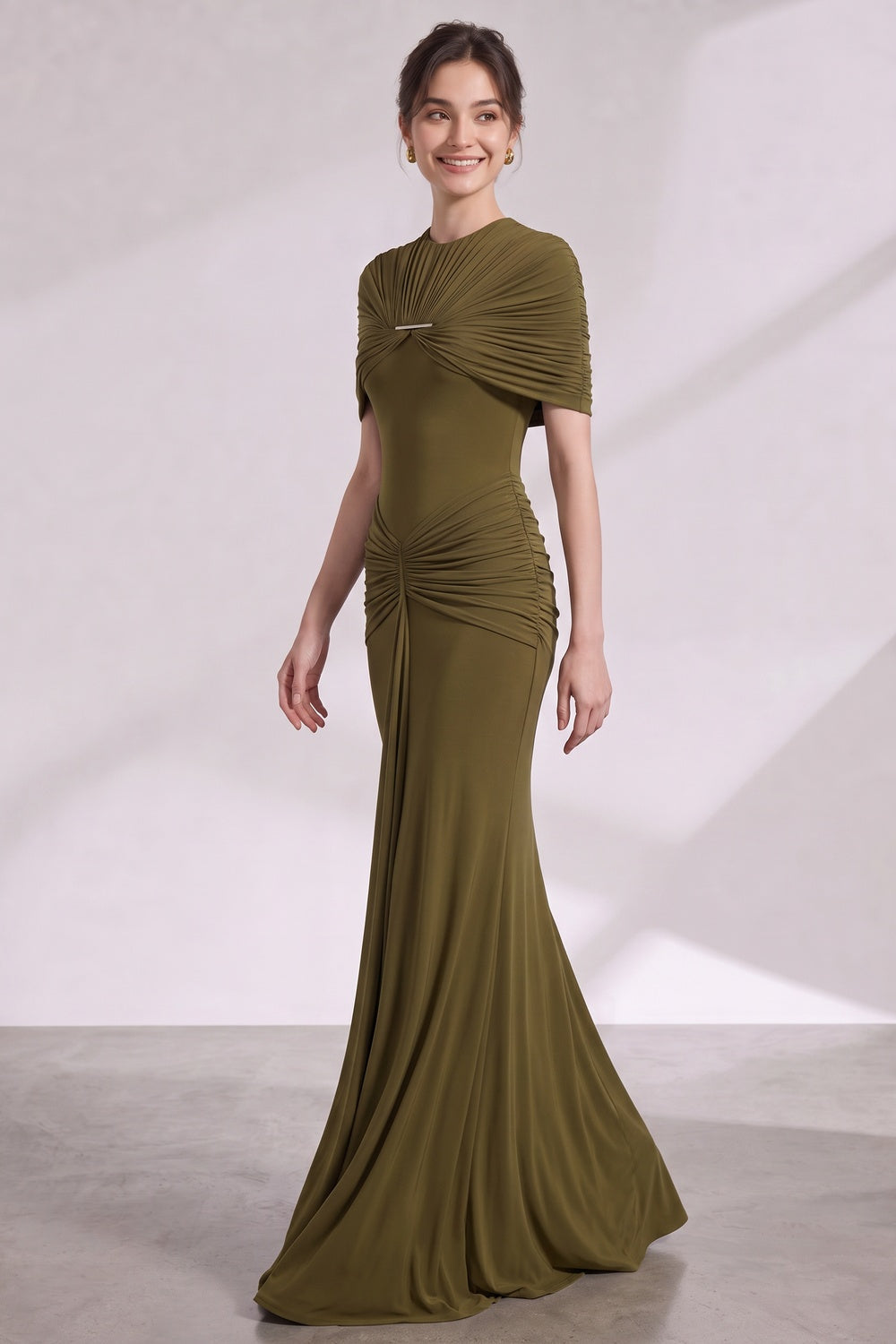Olive Green Stretch Jersey Column Gown with Ruched Detail olive green stretch jersey gown - product view 3