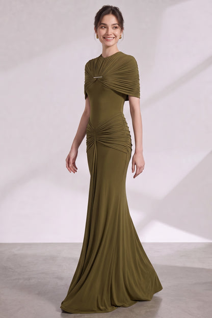 Olive Green Stretch Jersey Column Gown with Ruched Detail olive green stretch jersey gown - product view 3