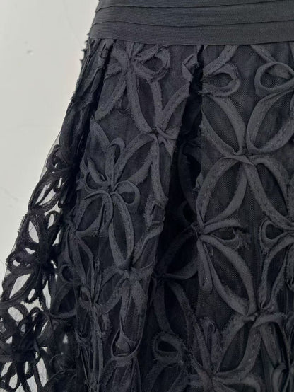 Black Spaghetti Strap Pleated Bodice Floral Cutout Lace Midi Dress
