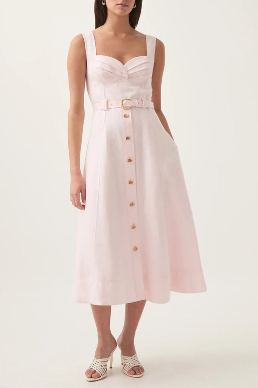 sweetheart neckline belted midi dress in pink