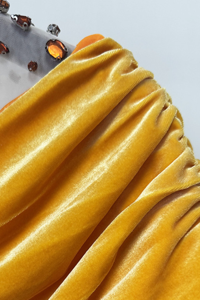 Yellow Velvet Off-Shoulder Beaded Evening Gown