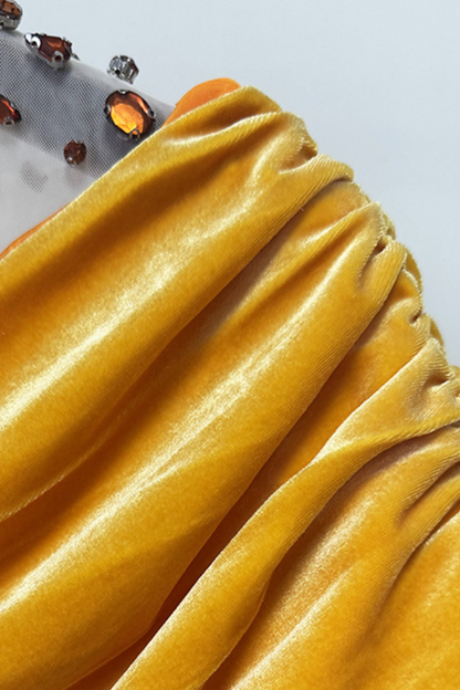 Yellow Velvet Off-Shoulder Beaded Evening Gown