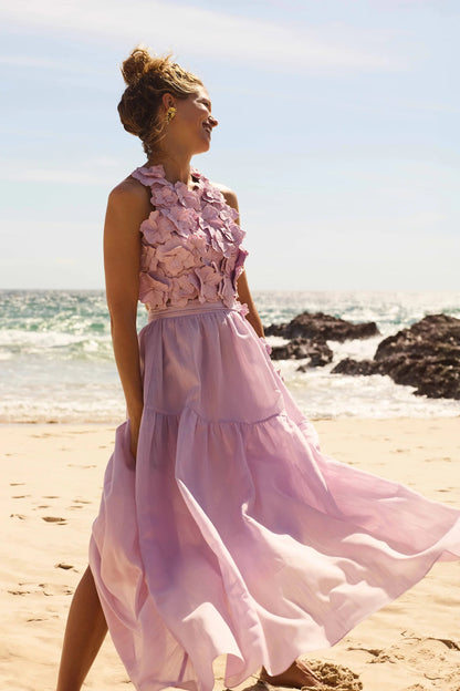 ashley Flower Shell Top Maxi Skirt set in purple