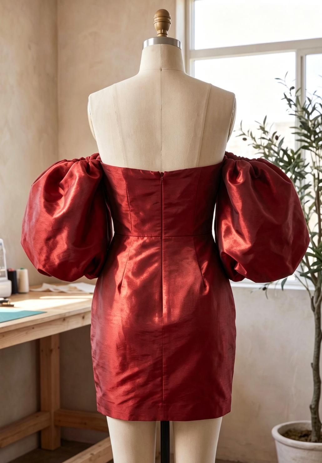 Deep Red Taffeta Bodycon Mini Dress