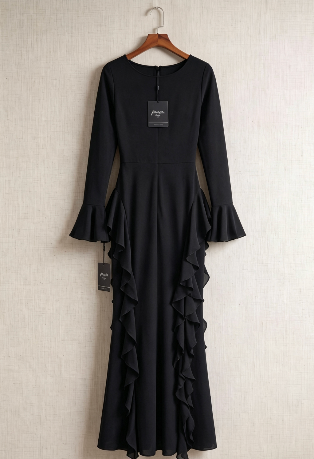 Black Heavy Stretch Crepe Sheath Evening Gown with Dramatic Side Ruffles