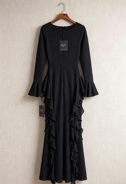 Black Heavy Stretch Crepe Sheath Evening Gown with Dramatic Side Ruffles