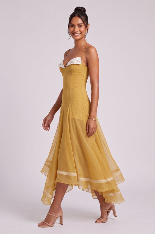 Mustard Yellow Sheer Chiffon Fit-and-Flare Midi Dress with White Scalloped Collar mustard yellow sheer chiffon or organza dress - product view 2