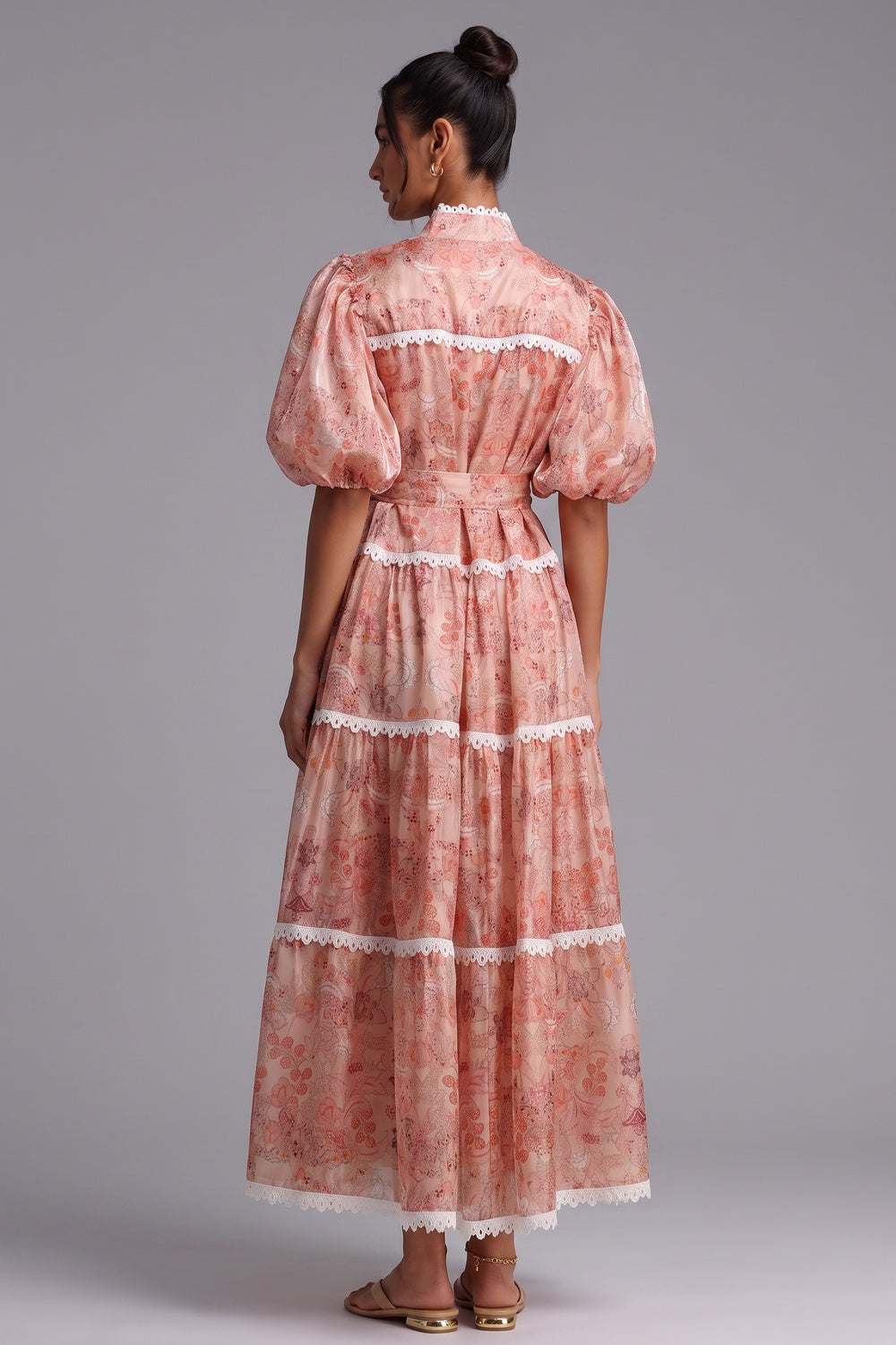 Peach Organza A-Line Tiered Maxi Dress with Botanical Floral Print peach, coral pink organza dress - product view 4
