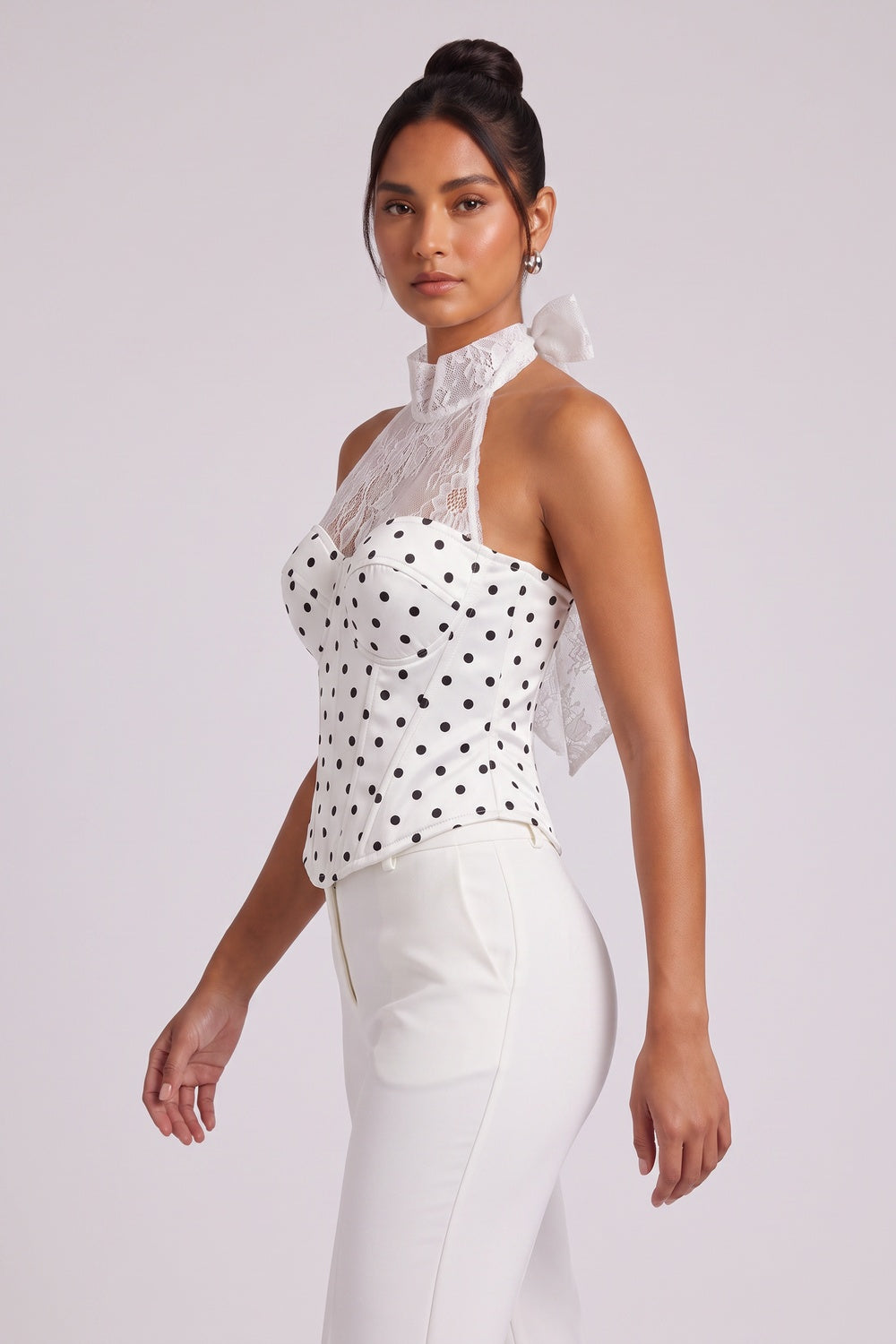 White Polka Dot Bustier Corset Top with Lace Halter white woven cotton-synthetic blend corset top - product view 3