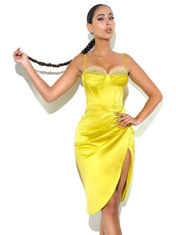 Lemon yellow pleated satin mini Dress