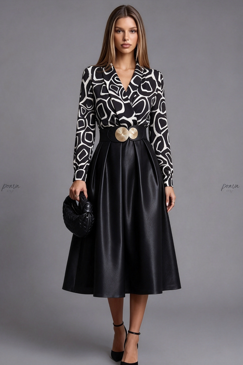 Black Satin-Finish Woven Fabric A-Line Mock Two-Piece Midi Dress