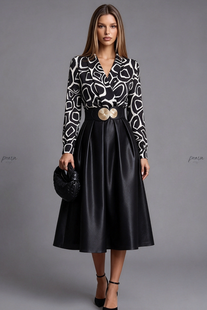 Black Satin-Finish Woven Fabric A-Line Mock Two-Piece Midi Dress