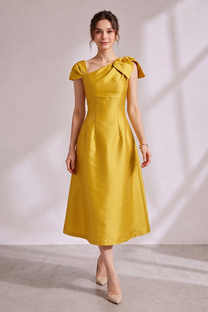 Yellow Asymmetrical Bow Satin Midi Party Dress