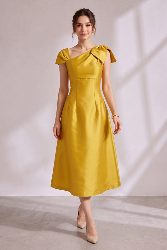 Yellow Asymmetrical Bow Satin Midi Party Dress