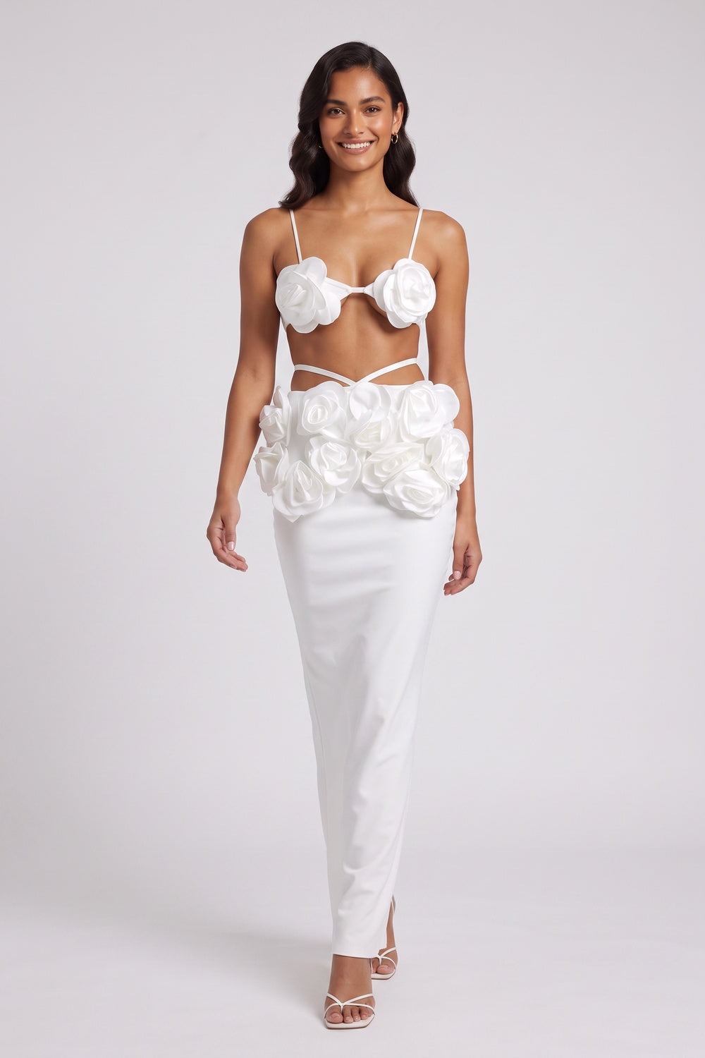 White Structured crepe or heavy satin Fitted column Two-piece set (bralette top and maxi skirt) White Structured crepe or heavy satin Two-piece set (bralette top and maxi skirt) - product view 1