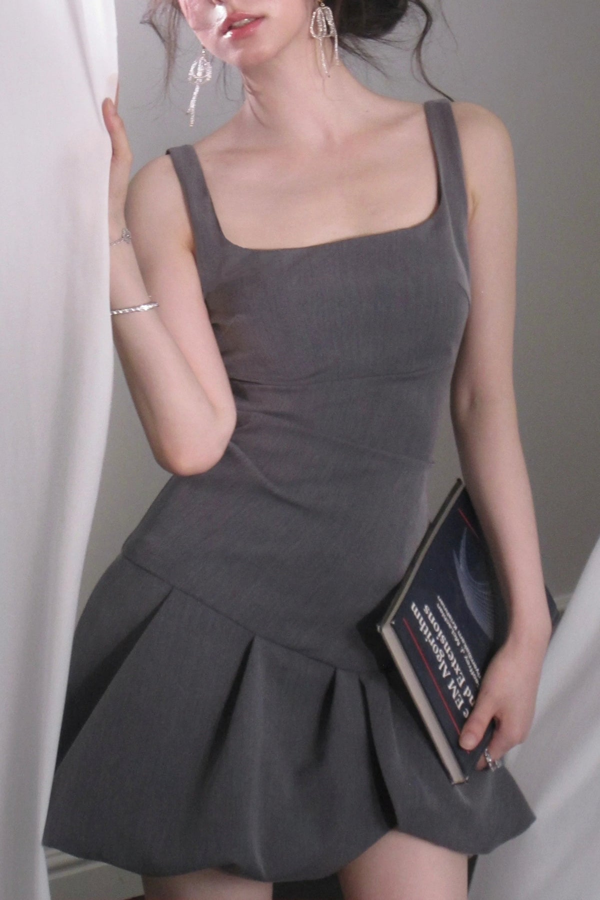 arabela square neck bud mini dress in gray