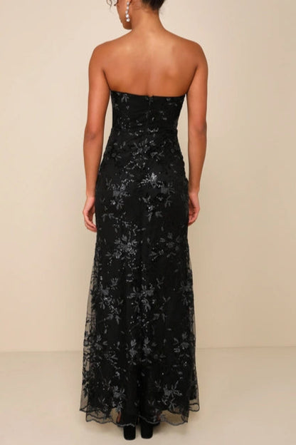 Sequin print Strapless Bustier Maxi Dress in black