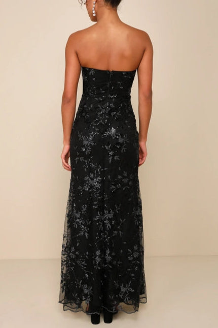 Sequin print Strapless Bustier Maxi Dress in black