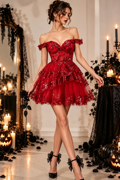 Sparkly Red A Line Off The Shoulder Corset Tiered Lace Short Homecoming Dress