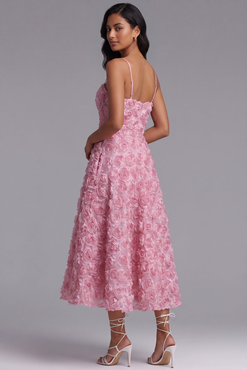 Pink 3D Rosette Textured Mesh A-Line Midi Dress pink 3D rosette textured mesh dress - product view 2