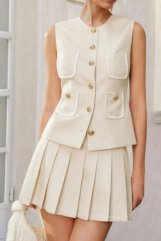 celeste Tweed Button-Front Vest Pleated Skirt Set in apricot